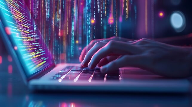 Hands on Laptop Keyboard Writing Computer Code in Low Light with Neon Green and Purple Techy Background for Software Development