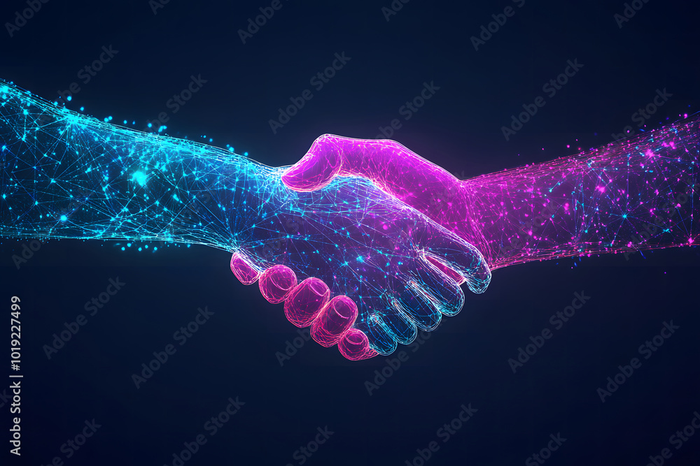 Poster two hands shaking in the shape of an abstract digital network design, symbolizing collaboration and 