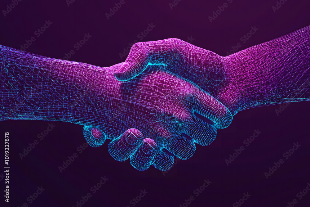 Poster two hands shaking in the shape of an abstract digital network design, symbolizing collaboration and 