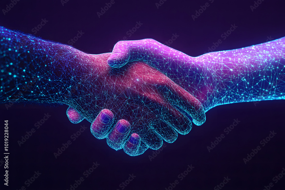 Aufkleber two hands shaking in the shape of an abstract digital network design, symbolizing collaboration and 