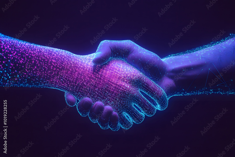 Poster two hands shaking in the shape of an abstract digital network design, symbolizing collaboration and 