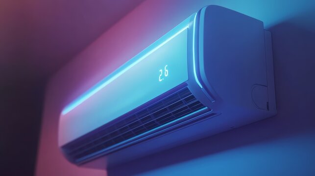 Modern wall-mounted air conditioner with LED display in a dimly lit room, showcasing efficiency and style for comfortable living spaces. - Powered by Adobe