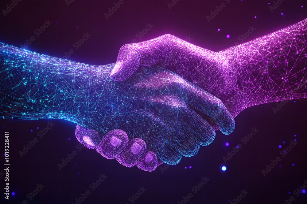Poster two hands shaking in the shape of an abstract digital network design, symbolizing collaboration and 