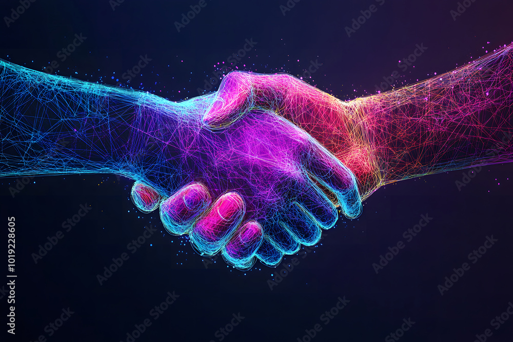 Aufkleber two hands shaking in the shape of an abstract digital network design, symbolizing collaboration and 