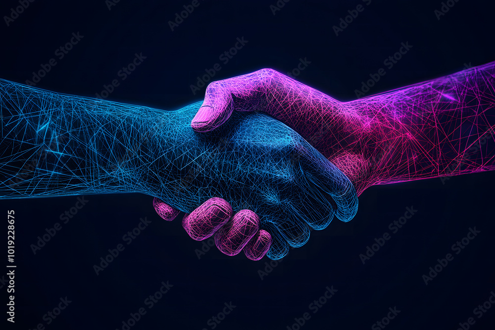 Poster two hands shaking in the shape of an abstract digital network design, symbolizing collaboration and 