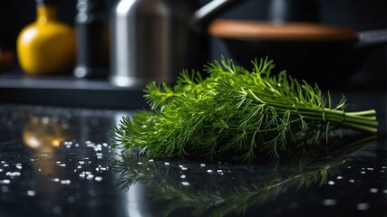 Fototapeta premium Aesthetic preparation of dill on a black themed kitchen. bokeh style. 