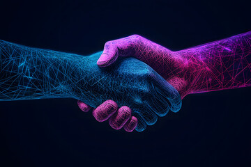 Two hands shaking in the shape of an abstract digital network  design, symbolizing collaboration and business, against a blue background with geometric patterns