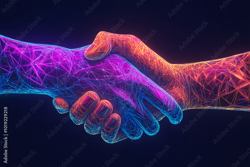 Poster two hands shaking in the shape of an abstract digital network design, symbolizing collaboration and 