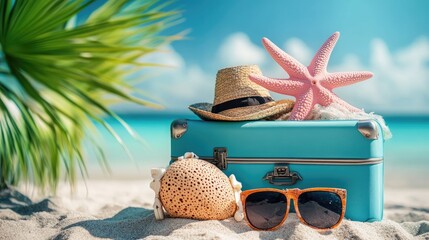 Blue suitcase with starfish and hat. This photo evokes a sense of travel and relaxation, perfect for promoting travel products or destinations.