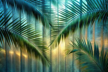 Green palm with reeded glass. Cosmetic template on beautiful magazine decor. Plant leaves. White Reeded Glass. Stylish blank canvas with realistic texture for premium illustration. Ribbed Background.