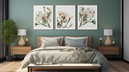 Sage Green bedroom wall art mock up. Set of two frames above bed wall art in minimalist modern interior