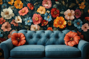 psychedelic floral wallpaper inspired by 1970s design oversized blooms in vibrant retro color palette intricate patterns creating mesmerizing vintage aesthetic