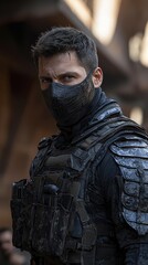 Fototapeta premium Portrait of a soldier in tactical gear wearing a face mask