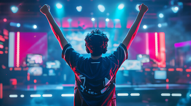 Competitive gamer standing victorious after winning an esports championship match