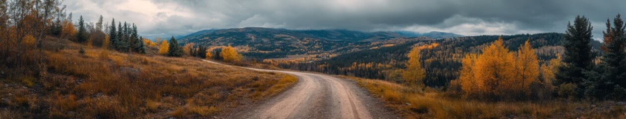 Fototapeta premium Scenic autumn landscape with winding road through colorful forest under cloudy sky, perfect for nature travel inspiration.