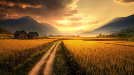 Obraz premium Scenic sunset over a serene rural landscape with golden fields, a winding path, and distant mountains, capturing the tranquility of nature.