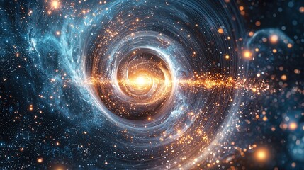 Fototapeta premium A stunning cosmic spiral galaxy emitting bright stars, set against a backdrop of deep space with swirling blue and golden tones.
