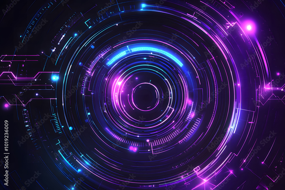 Poster vector futuristic background design with glowing purple and blue digital elements design, circles, a