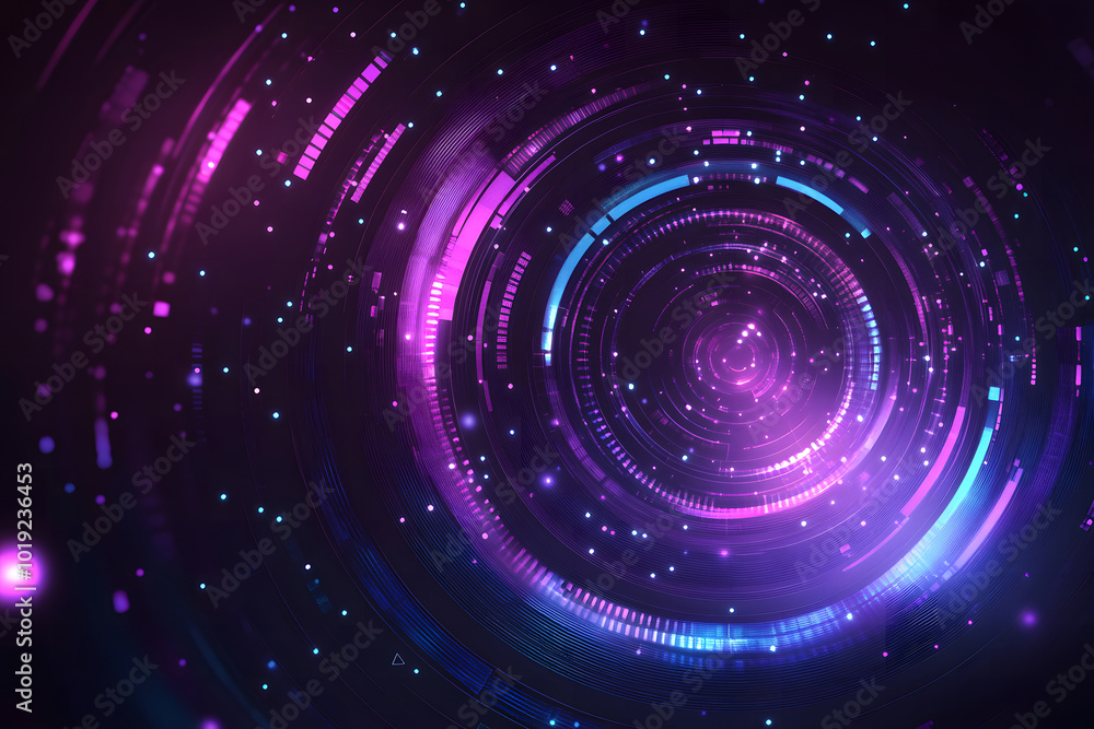 Poster vector futuristic background design with glowing purple and blue digital elements design, circles, a