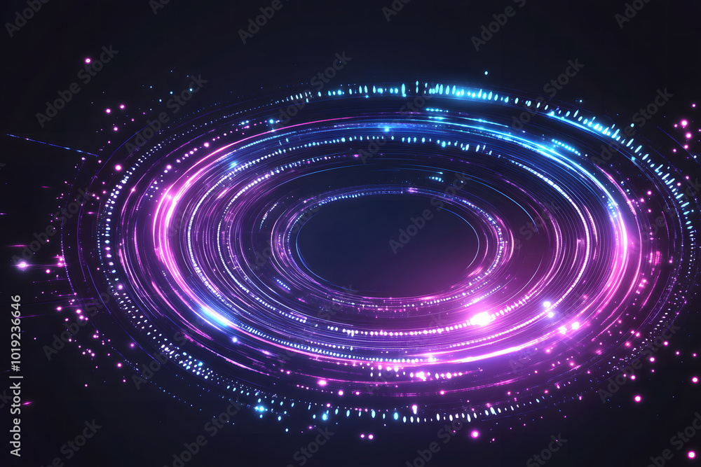 Poster vector futuristic background design with glowing purple and blue digital elements design, circles, a