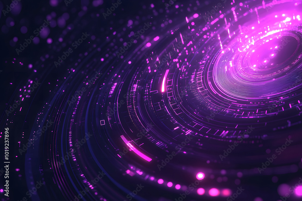 Poster vector futuristic background design with glowing purple and blue digital elements design, circles, a