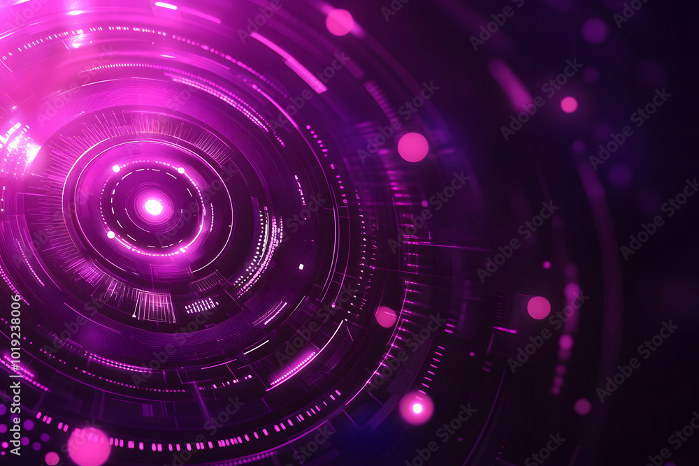 Poster vector futuristic background design with glowing purple and blue digital elements design, circles, a