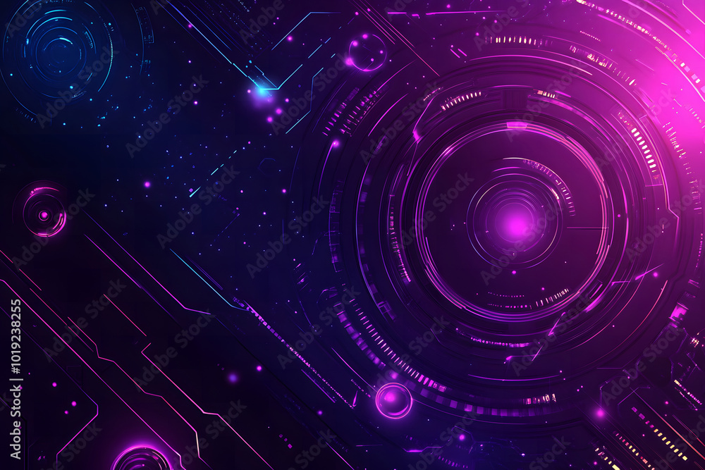 Poster vector futuristic background design with glowing purple and blue digital elements design, circles, a