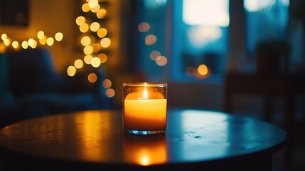 A warm candle flickers softly on a table, surrounded by a cozy atmosphere and blur of festive lights in the background.