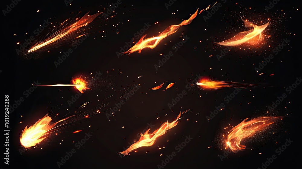 Poster dynamic display of burning flames and sparks at night generative ai