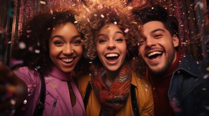 Selfie of happy moments in the photo booth. Group of diverse friends together sharing laughter and positive energy taking a snapshot of the moment. Effervescent glitter with shine and festive essence.