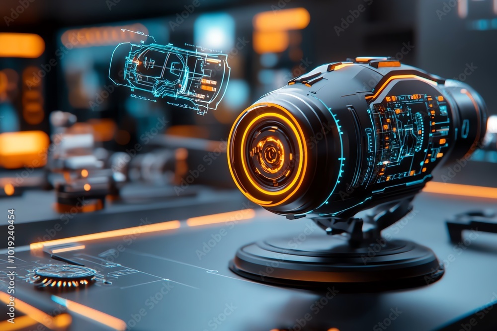 Fototapete 3D-rendered image of engineers reverse engineering a futuristic vehicle part, with digital tools and schematics floating around the workspace