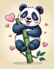 cute panda clinging to bamboo with floating heart symbols