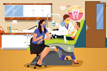 Dentist Checking on a Kid Wearing Mask Illustration