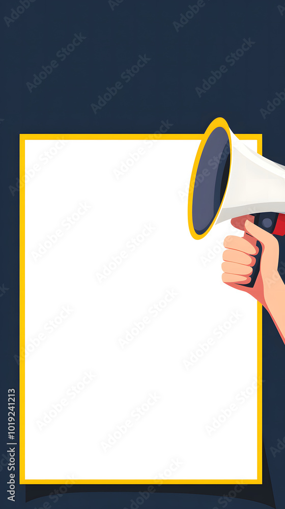 Poster vector graphic with a yellow and navy blue background design and a white space in the middle. the de