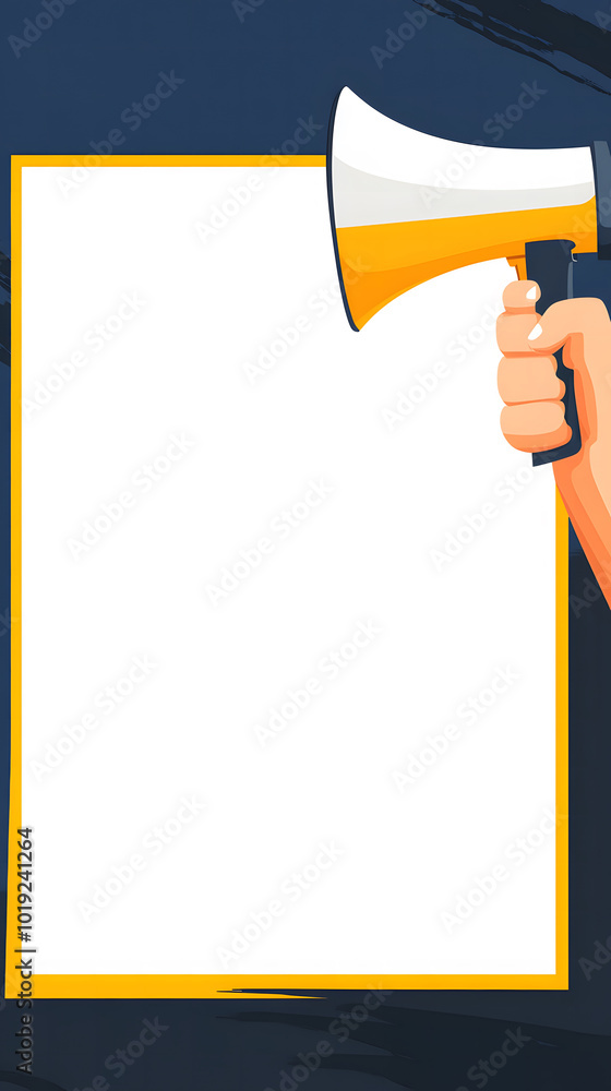 Poster vector graphic with a yellow and navy blue background design and a white space in the middle. the de