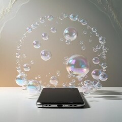 A modern design showing a smartphone surrounded by floating colorful bubbles representing different elements of social media strategy, audience interaction, and online engagement
