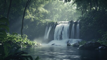 Fototapeta premium Tranquil jungle waterfall with lush foliage.