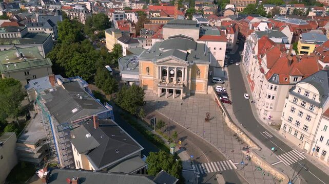 Fountains in front of Opera House, halle saale. Unbelievable aerial view drone