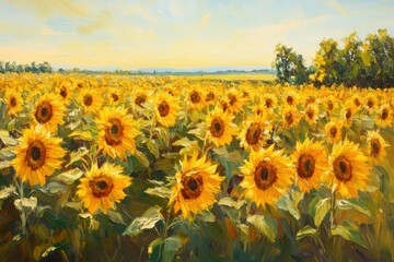 Obraz premium Oil painting of a field of sunflowers.