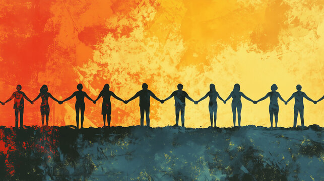 .Silhouettes of people holding hands in unity against a vibrant sunset