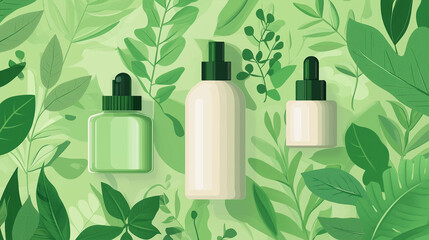 Cosmetic bottles with green leaf background for natural skincare products