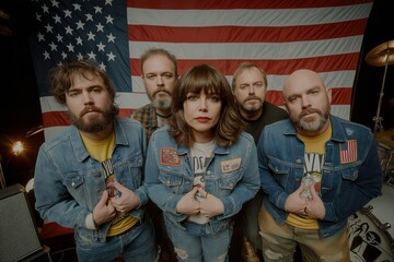 A diverse group of five musicians stands together in front of an American flag, showcasing their distinct styles during a rehearsal session