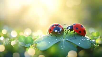 Obraz premium Two ladybugs on a dewy clover leaf basking in morning light, showcasing nature's tranquility and beauty in a serene garden setting.