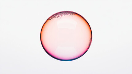 A single, iridescent bubble floats against a white backdrop.