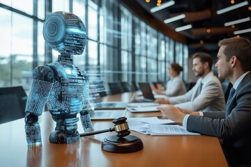Wide-angle view of a conference room featuring a humanoid robot assisting professionals during a technology and law discussion
