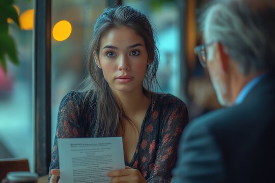 A young Latina woman engaged in an interview at a cozy café, demonstrating keen interest and focus on the conversation while holding a document