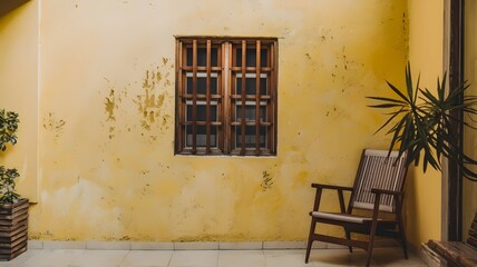Fototapeta premium Cozy yellow wall with wooden window bars, chair, and potted plant