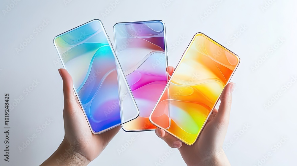 Poster exploring modern smartphones with transparent screens in hands generative ai