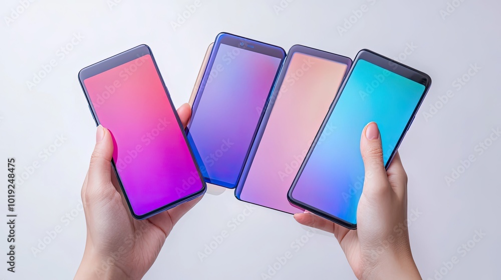 Poster modern smartphones with transparent screens displayed in hands generative ai