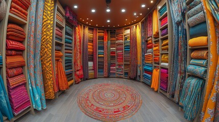 Fototapeta premium A luxurious fashion boutique, showcasing a circular arrangement of scarves in bold, colorful patterns, each one meticulously arranged for a chic display